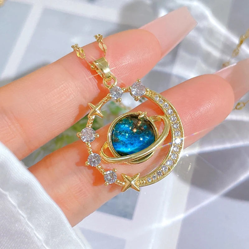 Y2K – collar planeta cielo estrellado, luz lujosa, temperamento magnífico, estrella y luna, cadena de clavícula versátil de acero inoxidable