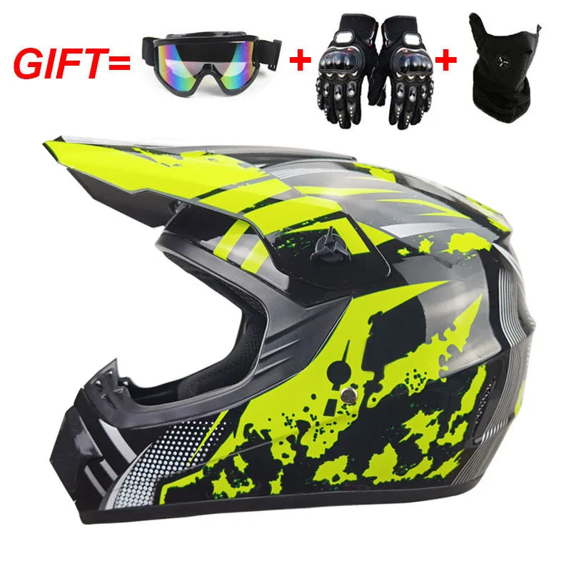 Kids Full Face Motorcycle Helmet, Youth Motocross Helmets, Off-Road Goggles, Cycling Protective Gloves