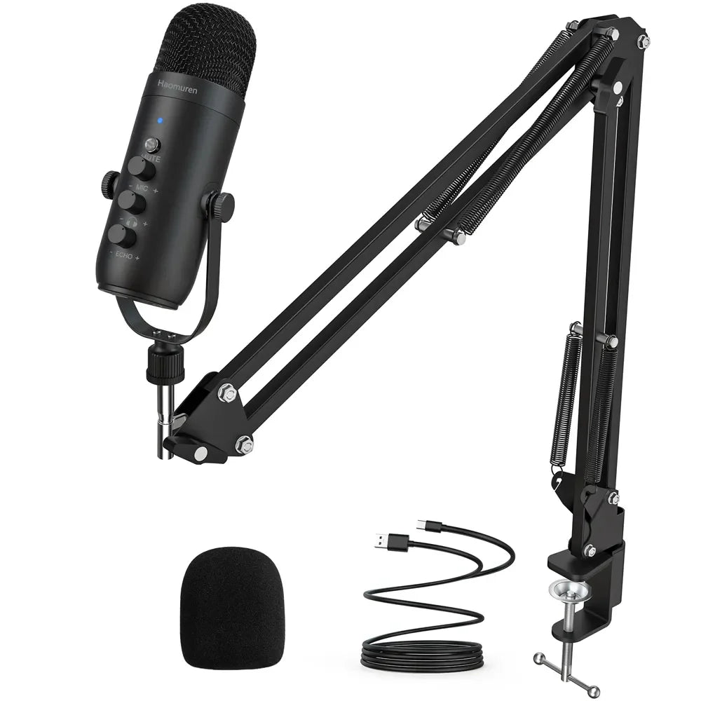Haomuren – Kit microphone à condensateur cardioïde USB avec bras articulé pour studio et podcast