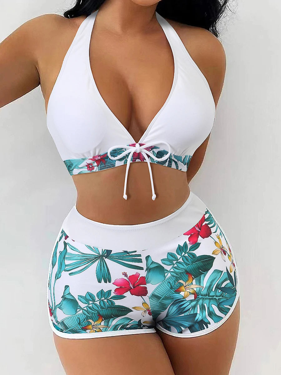 Ensemble de bikini halter 2026, maillot de bain court pour femme, maillot de bain taille haute imprimé, tenue de plage