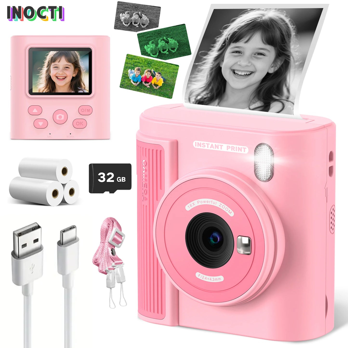 Appareil photo numérique avec impression pour enfants — 3 papiers d'impression, carte 32G, cadeau filles et garçons