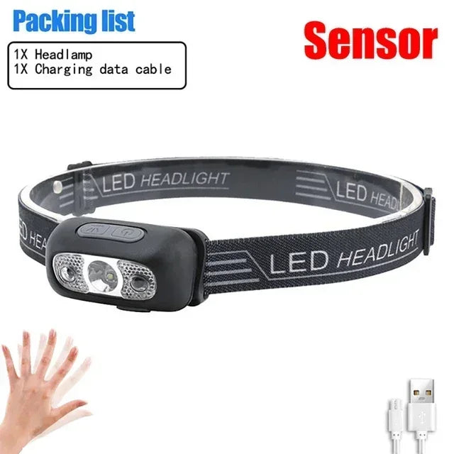 Lampe frontale puissante à LED portable avec capteur, rechargeable par USB, lampe torche frontale pour camping, pêche, lanterne d'urgence