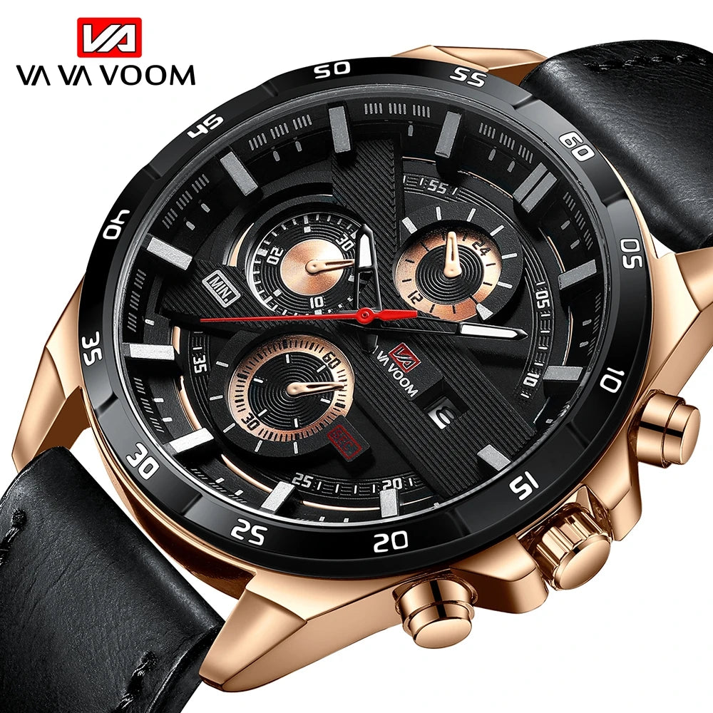 Montres de sport pour hommes, série de course de mode, 46mm, horloge en cuir noir VA VA VOOM, mouvement à Quartz 3Bar, montre-bracelet étanche pour hommes