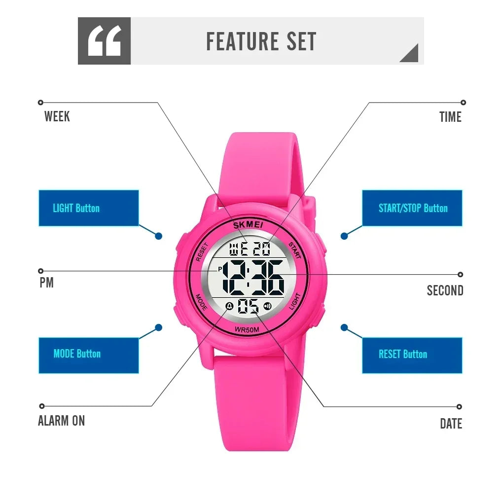 Montre enfant étanche avec alarme — sport, LED colorée, numérique, garçons et filles