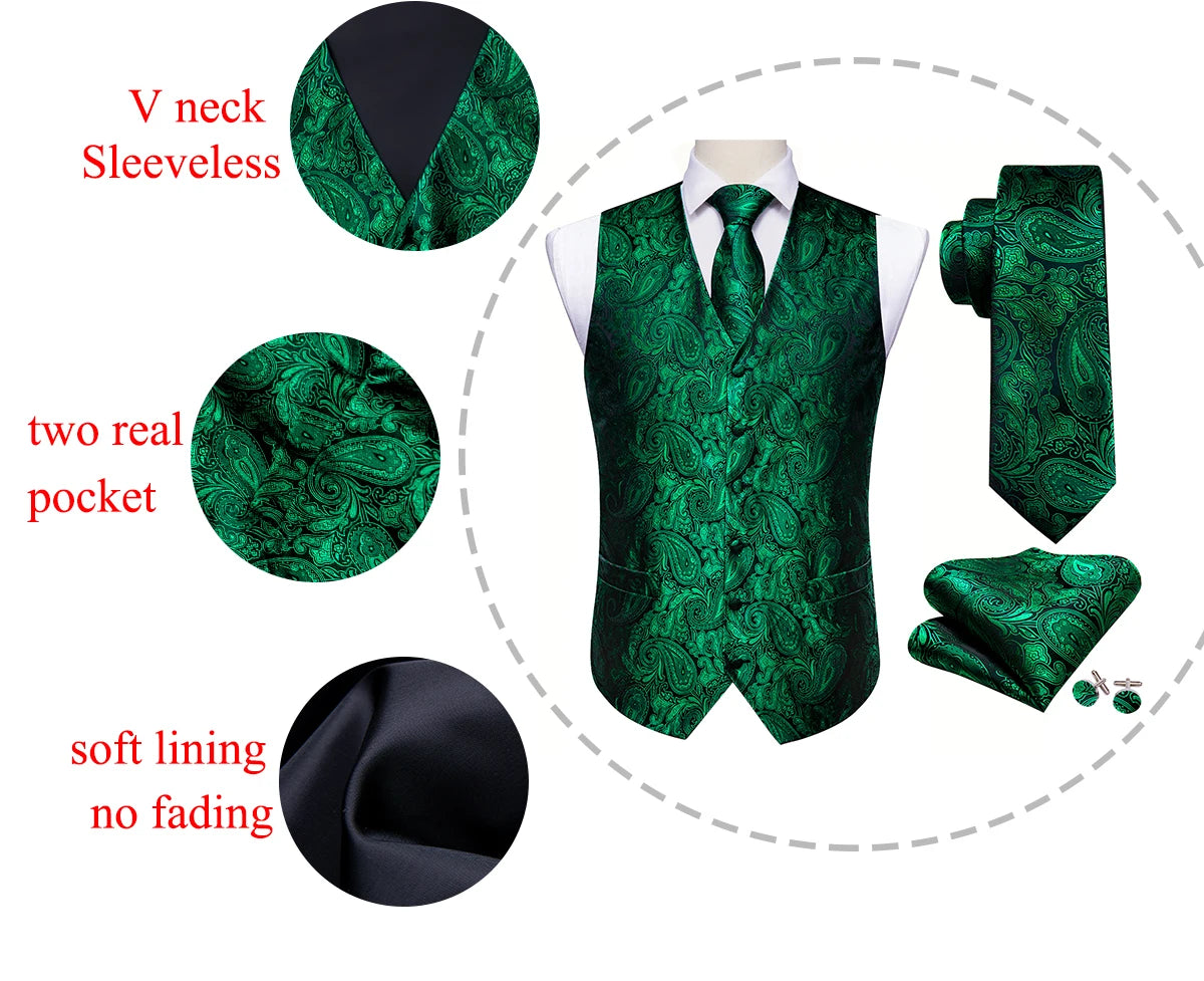 Gilet pour homme vert Paisley Floral slim — sans manches, formel, cravate, pochette assortie