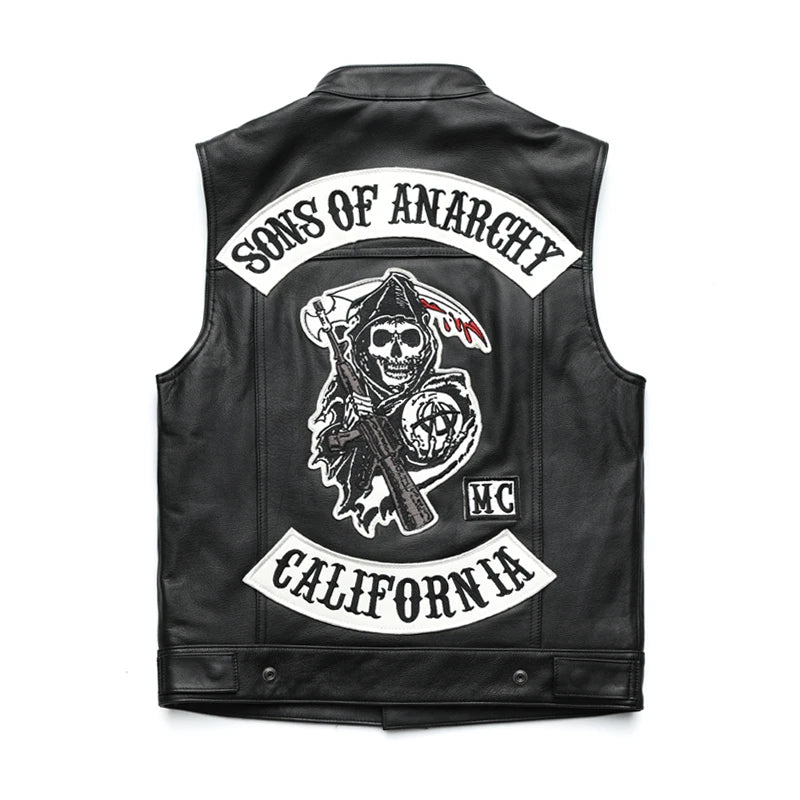Gilet moto en cuir pour homme — punk, noir, printemps, veste biker
