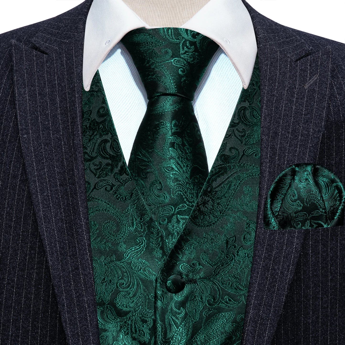 Gilet pour homme vert Paisley Floral slim — sans manches, formel, cravate, pochette assortie