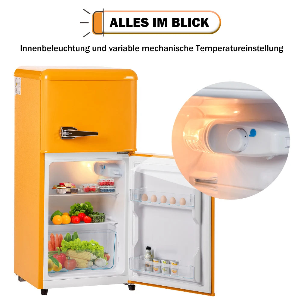 Frigorífico combi retro 45,5 cm de ancho, 2 puertas, 60 litros de volumen total, volumen de congelador 22 litros. 102 KWh/año,