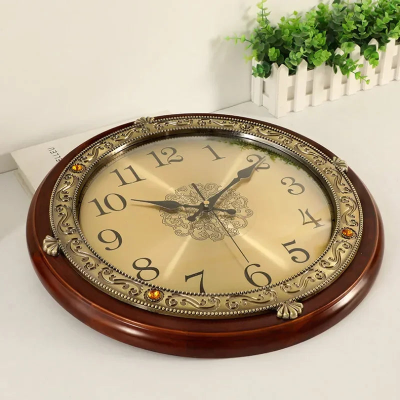 Horloge murale en bois et métal rétro — style nordique américain, or, silencieuse, chambre, salon, cadeau
