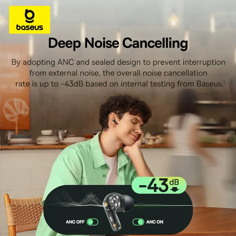 Baseus Bass EP10 NC -43dB Supresión de ruido ANC real Auriculares inalámbricos Bluetooth 6.0 Auriculares intrauditivos inalámbricos 4 micrófonos ENC Auriculares