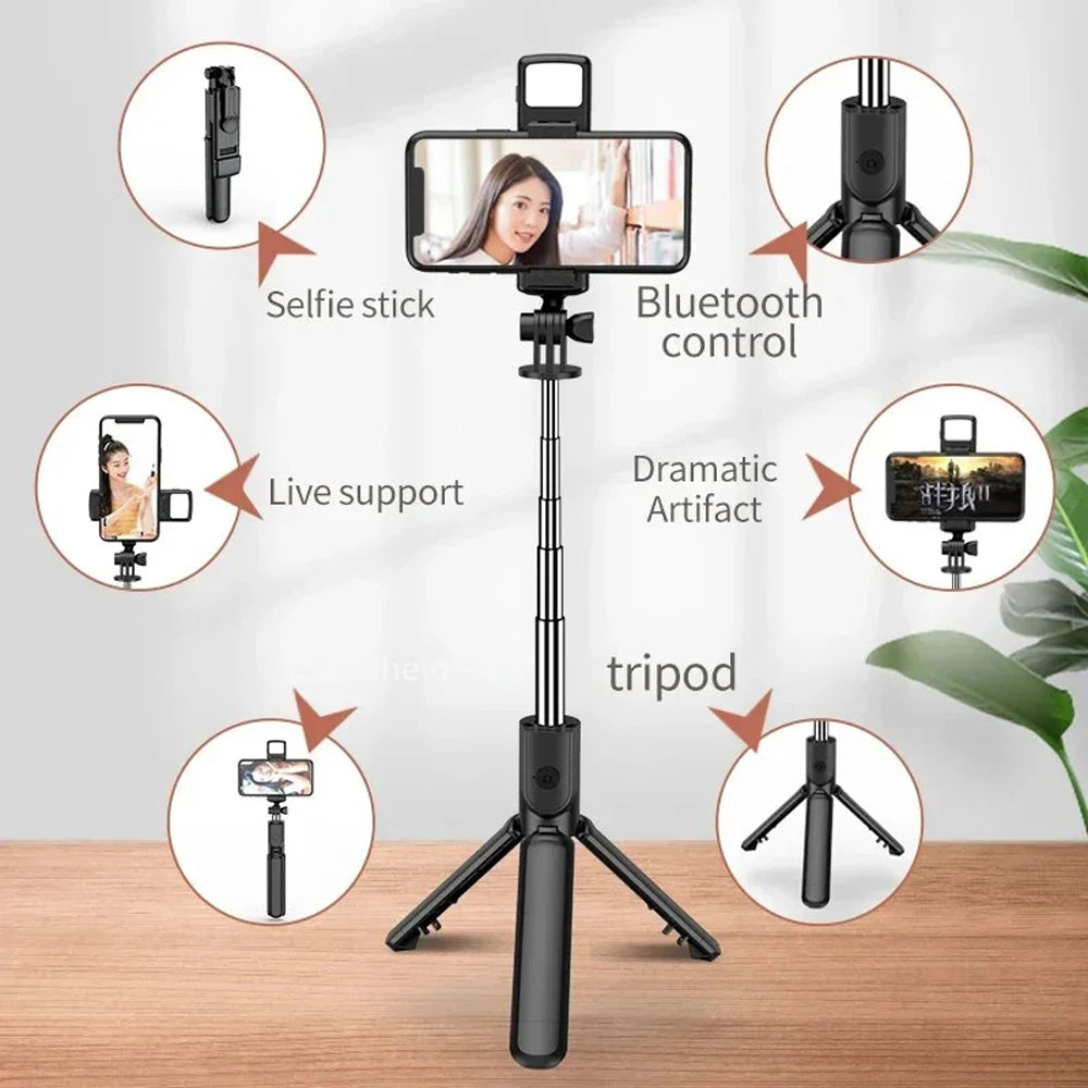 3-in-1 Bluetooth Wireless Selfie Stick Tripod, with Fill Light Shutter Remote Control, Portable Foldable Monopod for iPhone Smartphone