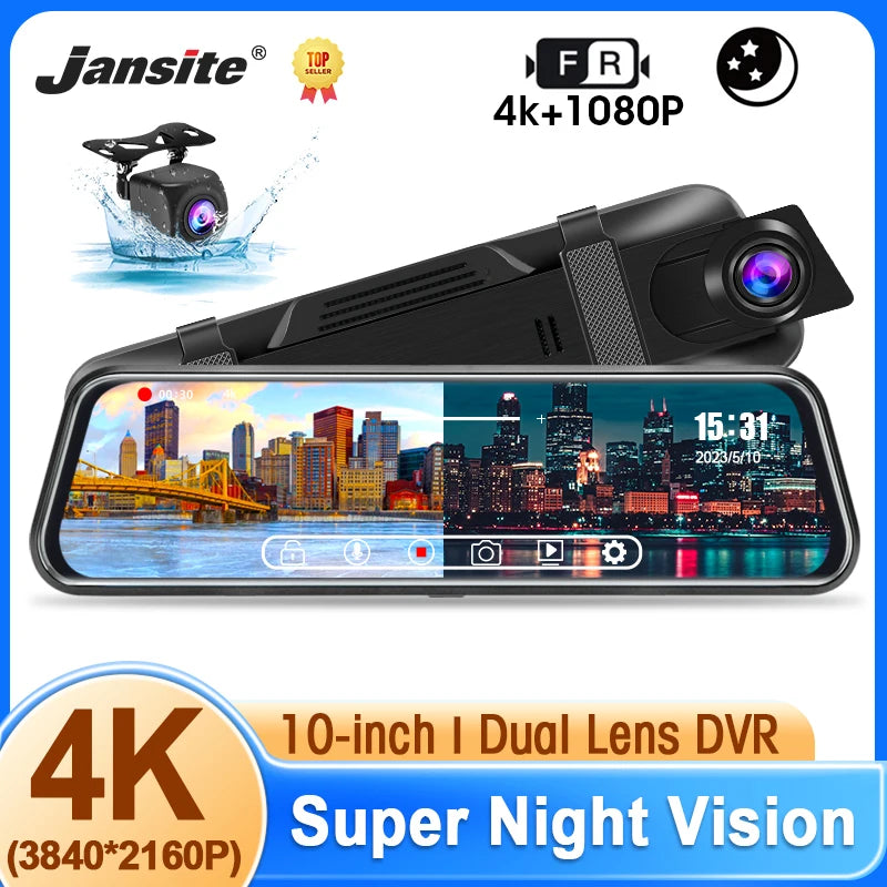 Dashcam voiture 10 pouces 4K Super Vision nocturne — écran tactile, double objectif, enregistreur de tableau de bord