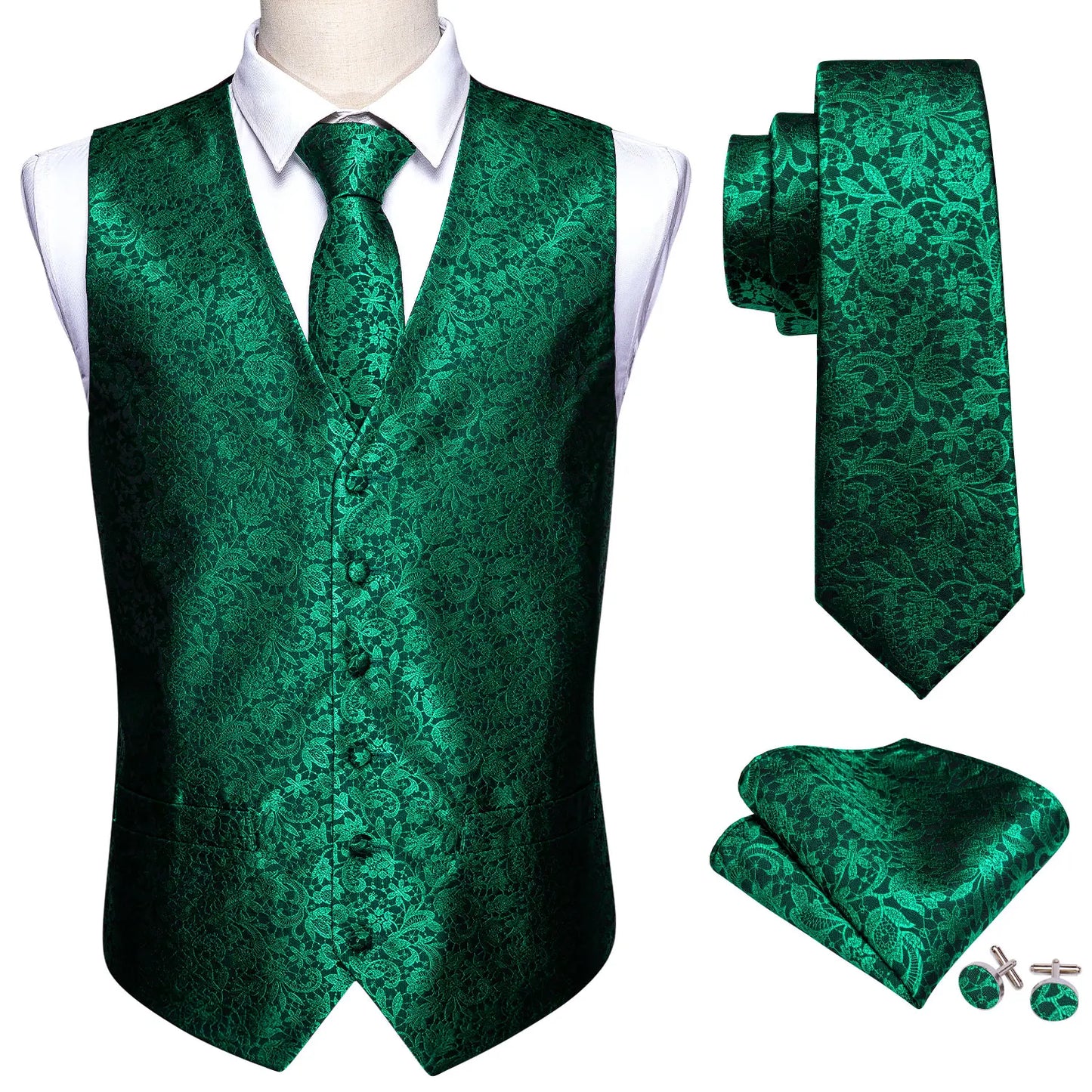 Gilet pour homme vert Paisley Floral slim — sans manches, formel, cravate, pochette assortie