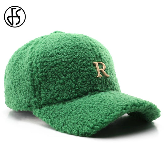 Casquette de baseball en laine d'agneau verte — lettres dorées, trucker, hiver, femme et homme