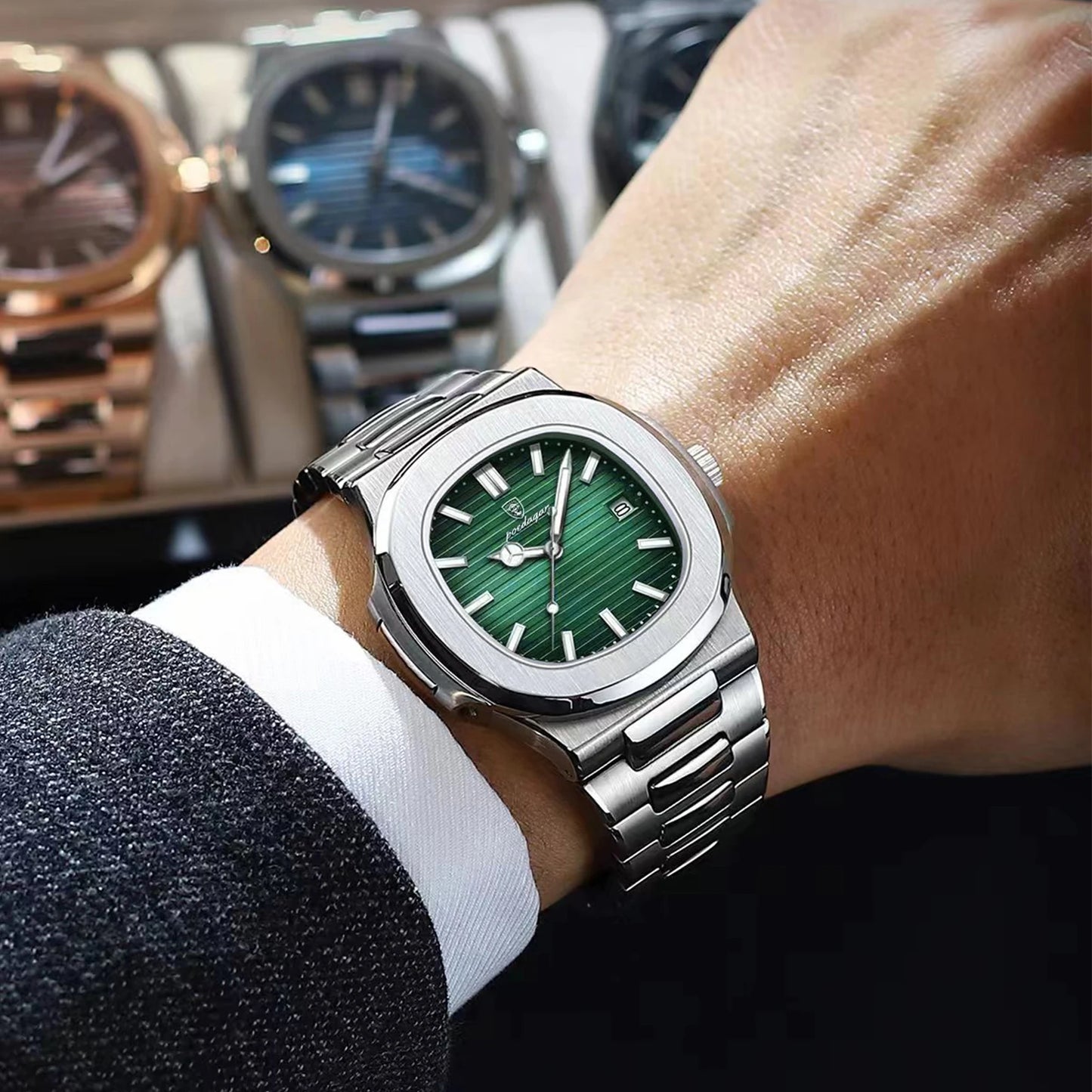 POEDAGAR Fashion Square Men's Luminous Waterproof Stainless Steel Wristwatch Men's Watch Date Quartz Business Men's Watches Reloj