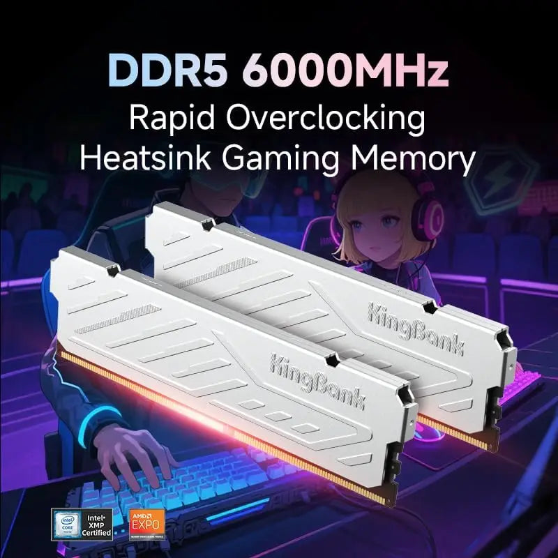 Mémoire RAM DDR5 KingBank 8 Go / 8 Go x 2 / 16 Go x 2 6000 MHz pour ordinateur de bureau CL36/CL30 XMP 3.0/AMD EXPO avec dissipateur thermique argenté