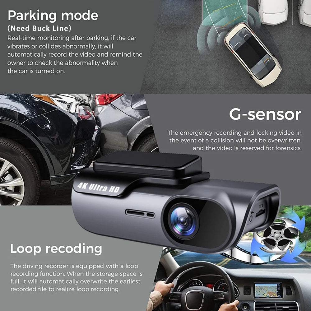 Cámara de salpicadero WIFI 4K 3840x2160P, DVR para coche, grabador de conducción de vídeo, registrador, caja negra, vigilancia 24 horas, visión nocturna