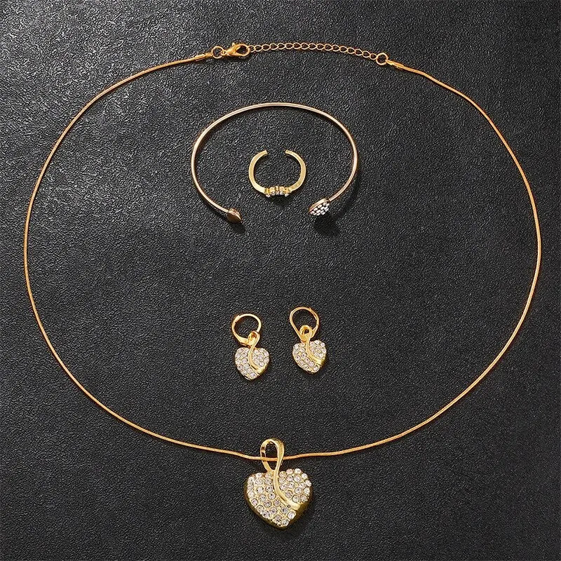 Women's Luxury Gold Quartz Watch, Jewelry Set, Ring, Necklace, Earrings, Rhinestones, Casual Fashion
