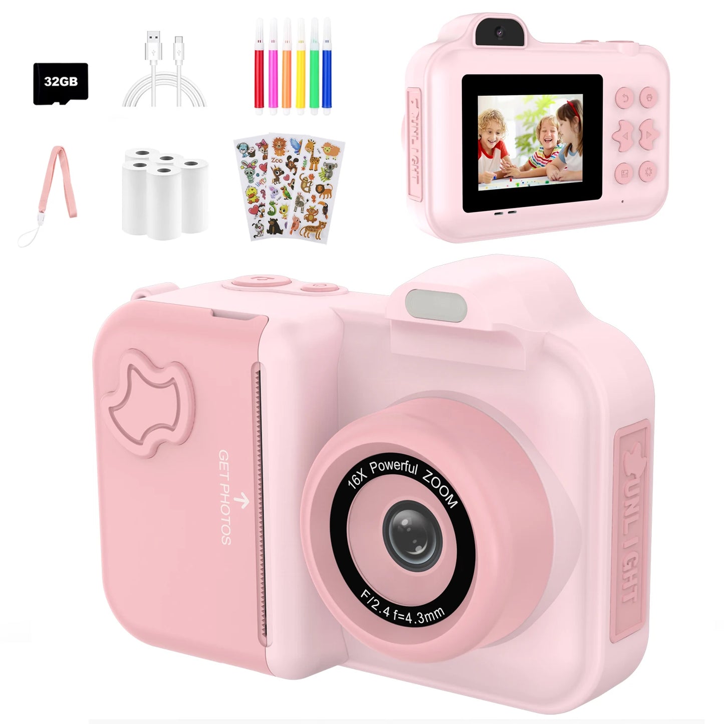 Kids Digital Camera, Instant Print, Dual Lens, 1080P HD Video Recording, 32G, for Boys and Girls, Christmas Gifts, Toys