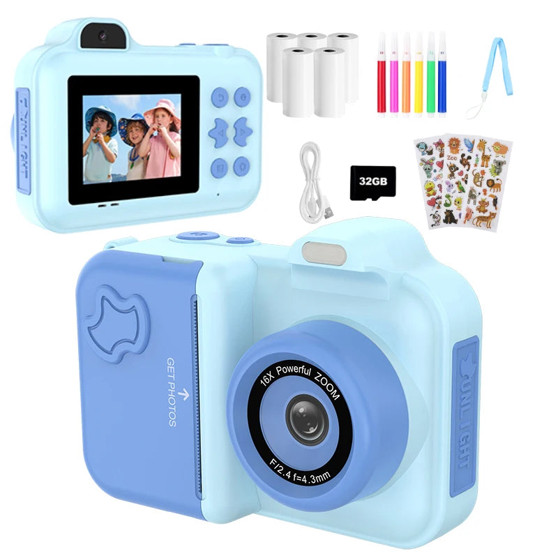 Children's Instant Print Digital Camera, Kids Document Pens, Thermal Printing Paper, Christmas Gift Toys for Boys and Girls, 32G