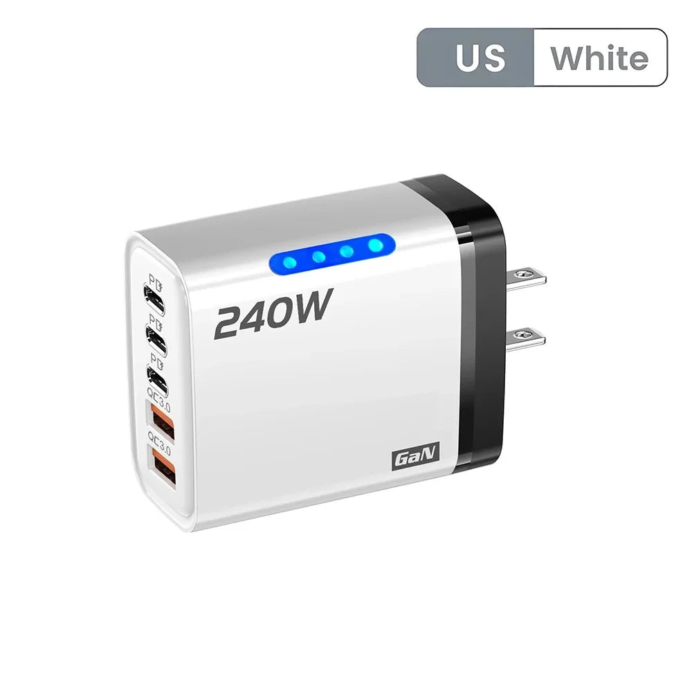 Chargeur de téléphone GaN 5 en 1 240W, adaptateur de charge rapide 10A, câble USB vers Type C, 3 ports PD, 2 ports USB, pour iPhone 16 15 Pro, Xiaomi
