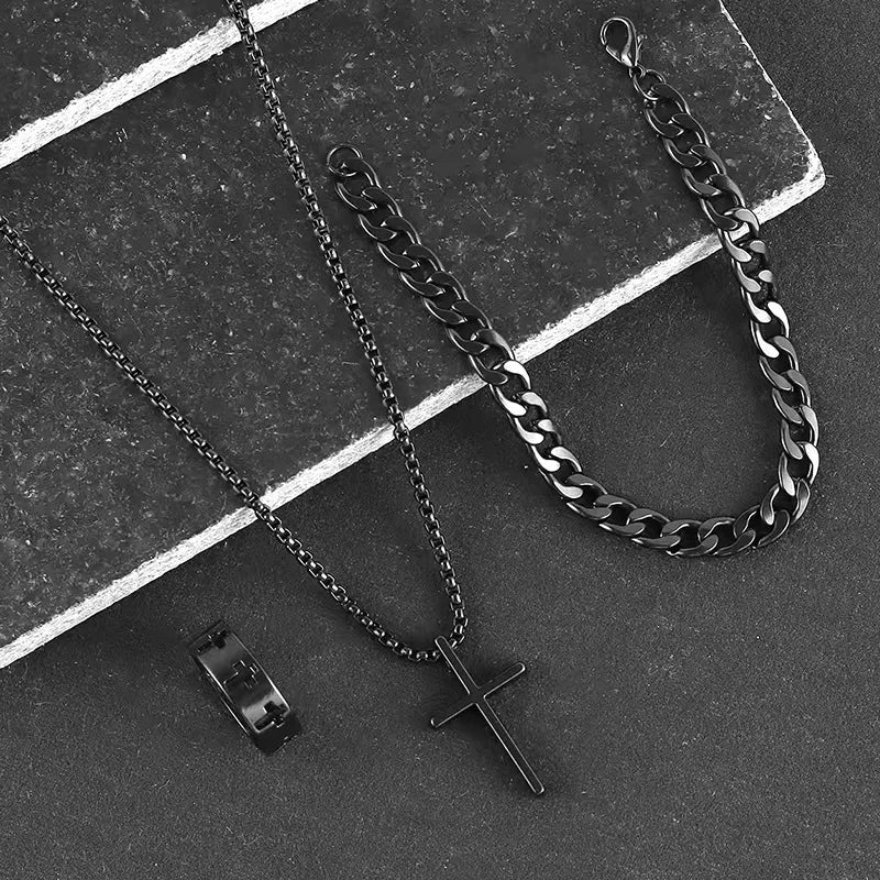 Superventas Nuevo set de joyas cruzadas de 3 piezas | Collar, pulsera, anillo de cadena | Accesorios de moda religiosa para mujeres y hombres, uso diario y regalo