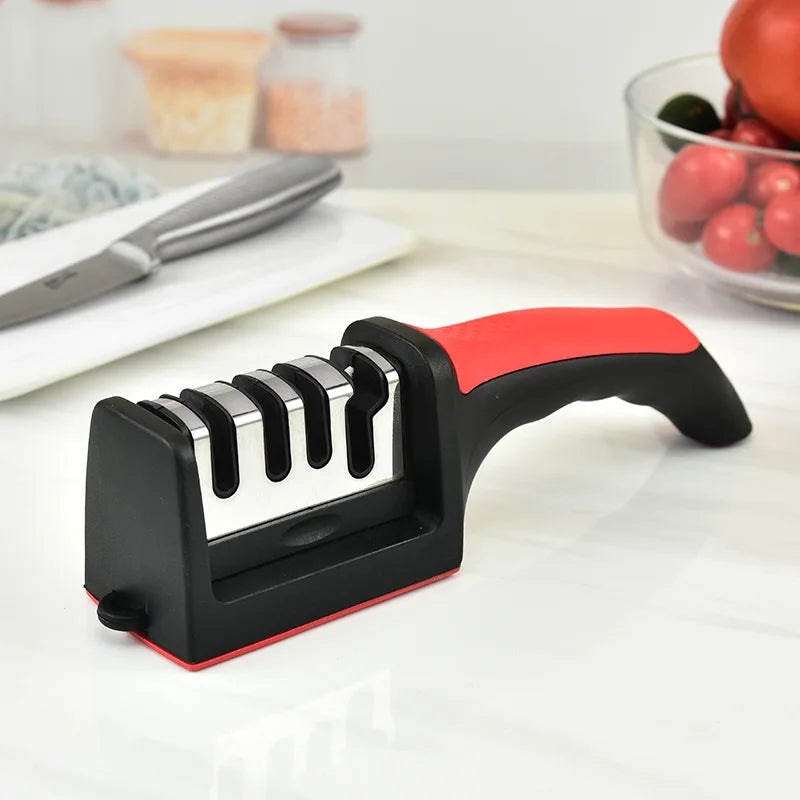 Multifunctional Kitchen Knife Sharpener, Three-Use Household Sharpening Stone, 4 Segments, Black