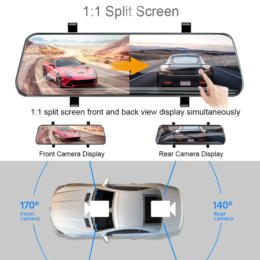 10 "Touchcam táctil 24H Aparcamiento opcional doble lente frontal y trasera para coche DVR espejo grabador de vídeo caja negra sistemas inteligentes