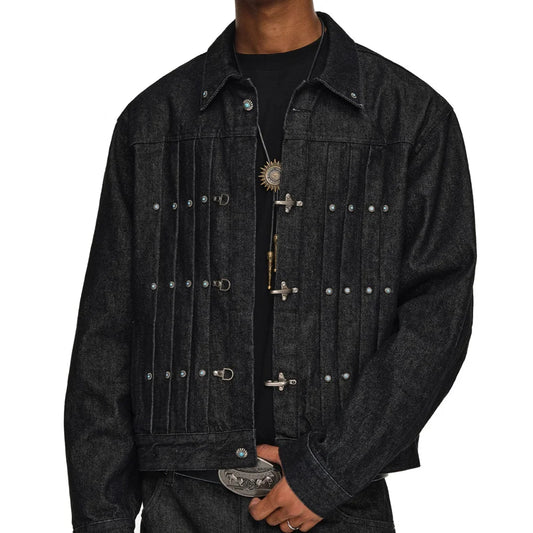 Men's Short Denim Jacket with Airplane Buckle, Fashion Streetwear Hip Hop Turquoise Button, Unisex Denim Jacket Spring Autumn Cowboy Coat
