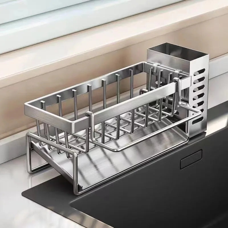 Soporte de almacenamiento para herramientas de limpieza de fregaderos, escurridor multifuncional de acero inoxidable para cocina, organizador de limpiador de esponjas, colgador de trapos