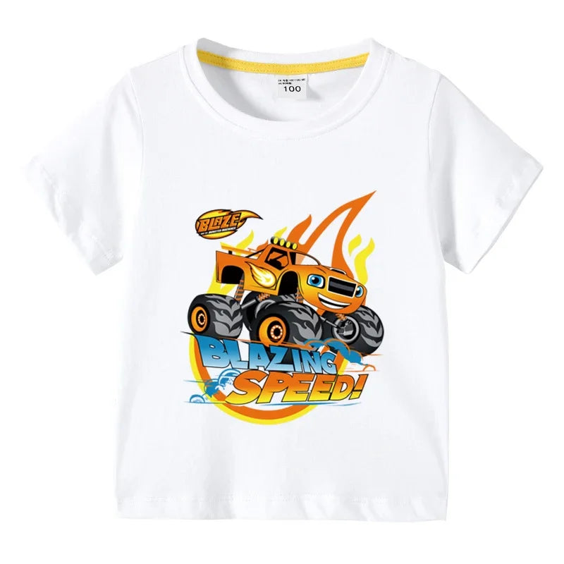 T-shirt à manches courtes en coton pour enfants — impression dessin animé camion monstre