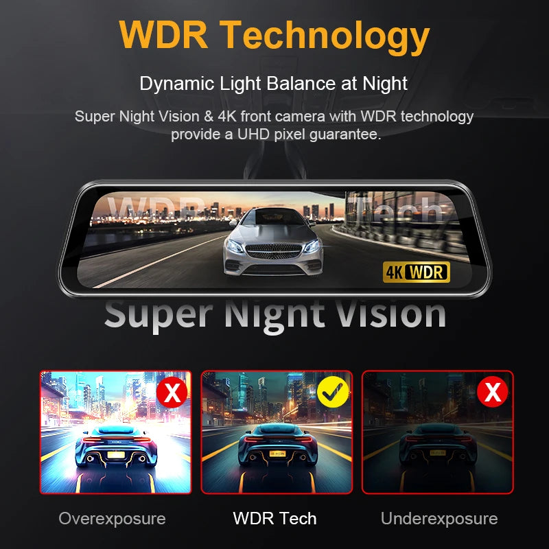 Dashcam voiture 10 pouces 4K Super Vision nocturne — écran tactile, double objectif, enregistreur de tableau de bord
