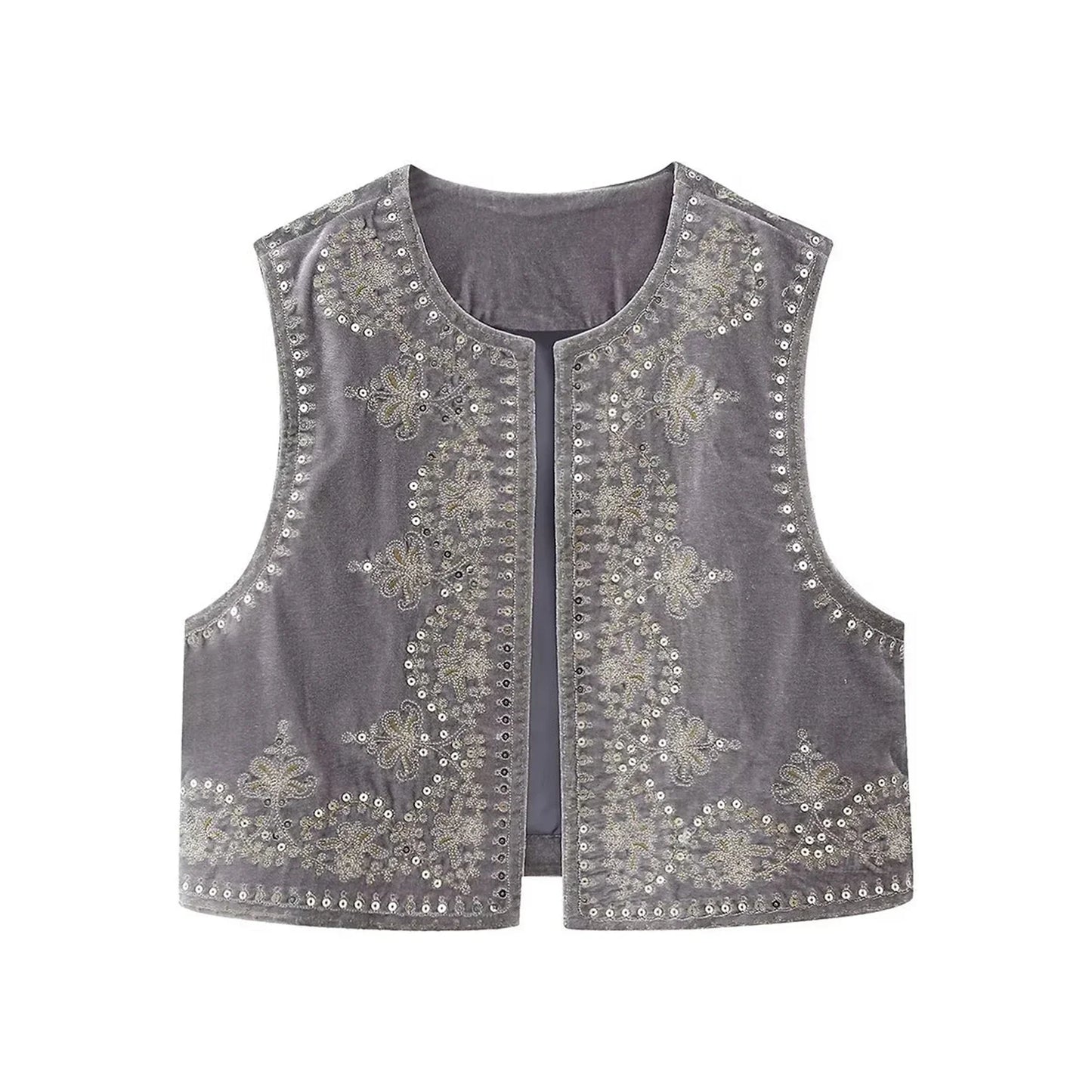 Gilet brodé noir Vintage à motif Floral pour femmes, sans manches, ouvert sur le devant, court polyvalent, vêtements d'extérieur y2k, Cardigan Boho court