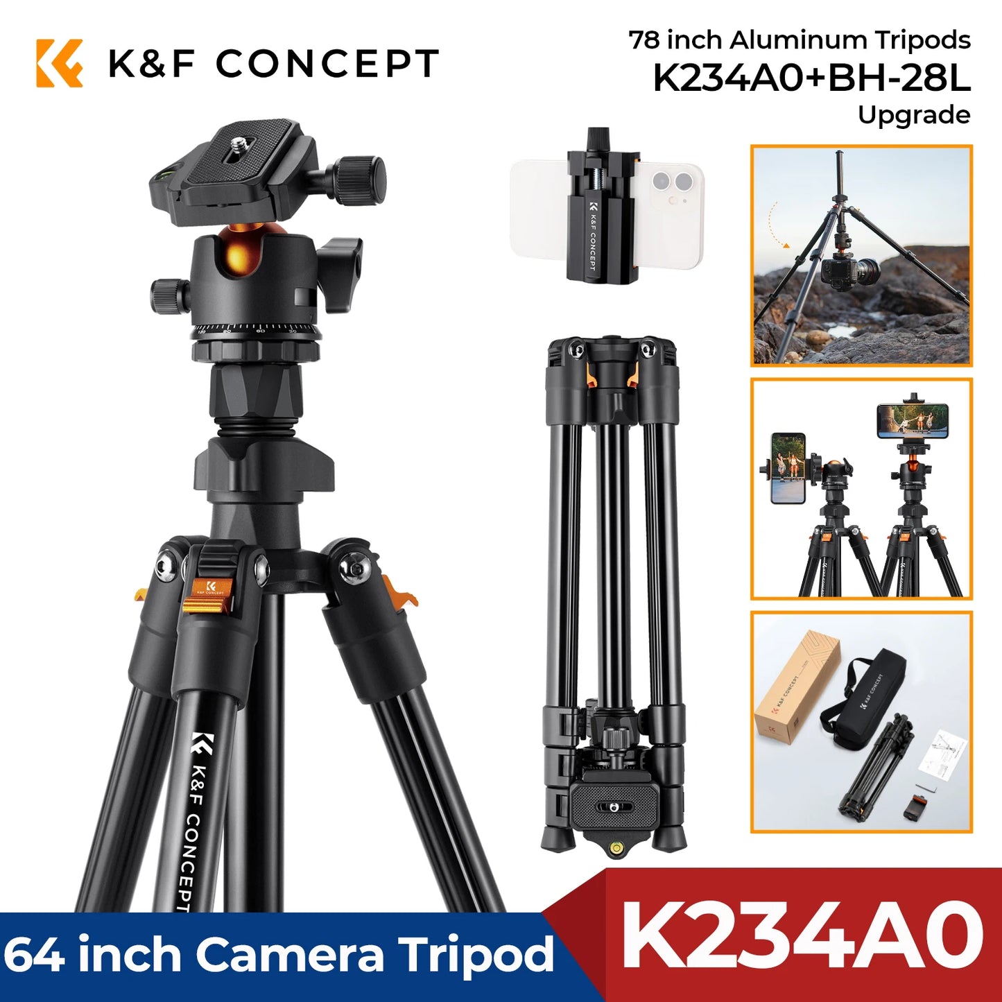 K&F Concept K234A0+BH-28L — Trépied Photo 64 Pouces Léger Rotule Charge 8kg