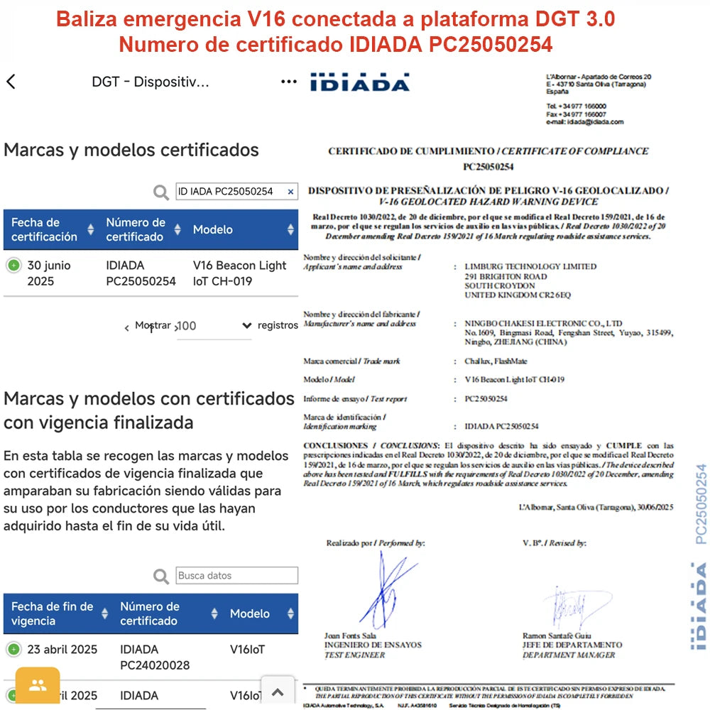 Feu de détresse automobile homologué DGT V16 avec connectivité DGT 3.0 et balise d'authentification par géolocalisation, valable jusqu'en 2038