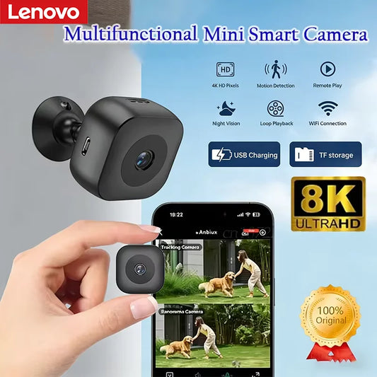 Cámara de seguridad WiFi Lenovo 8K en miniatura, alta definición, visión nocturna a color, resistente al agua, detección de movimiento, monitoreo del hogar