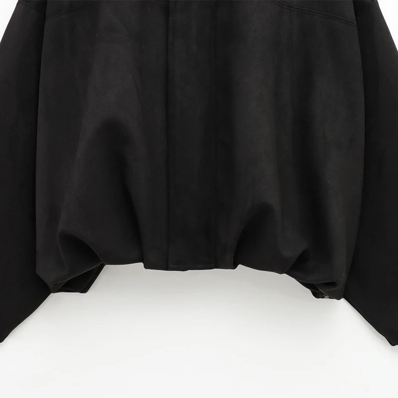Veste bomber femme en daim — revers, fermeture éclair, manches longues, recadrée, 2025