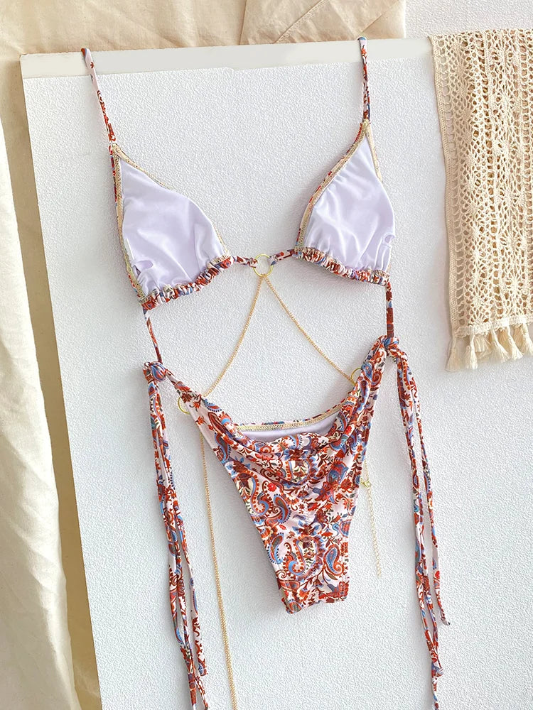 Sexy Triangle chaînes Bikini ensembles Micro tongs maillot de bain femmes maillot de bain Biquini pansements de plage maillot de bain imprimé string Bikini