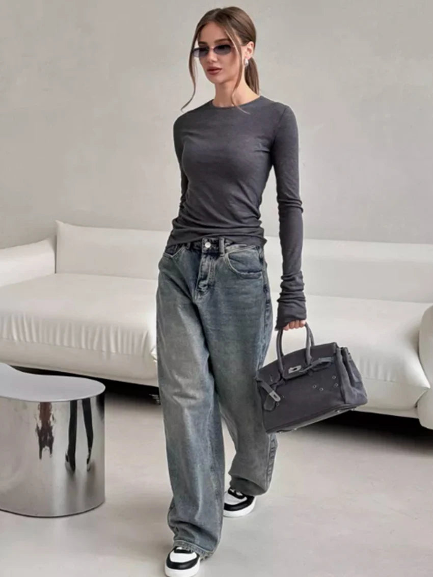 T-shirt femme mince marron 2026 — décontracté, col rond, manches longues, élégant, simple