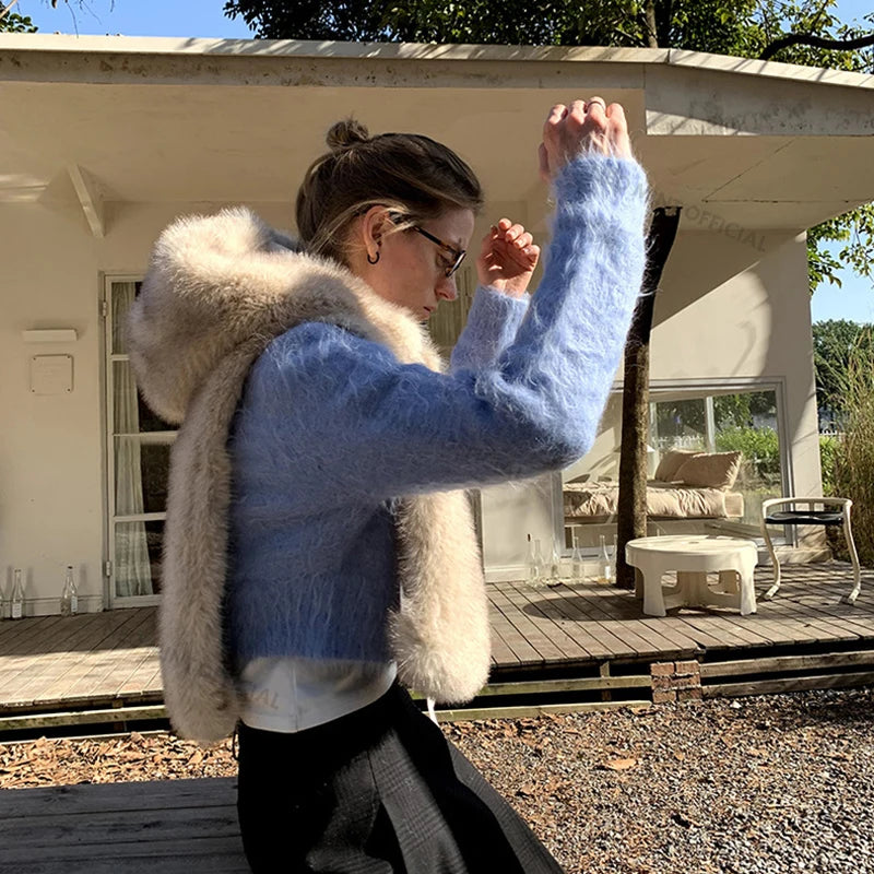 Gilet en fausse fourrure de renard pour femme — dégradé, capuche, sans manches, automne hiver