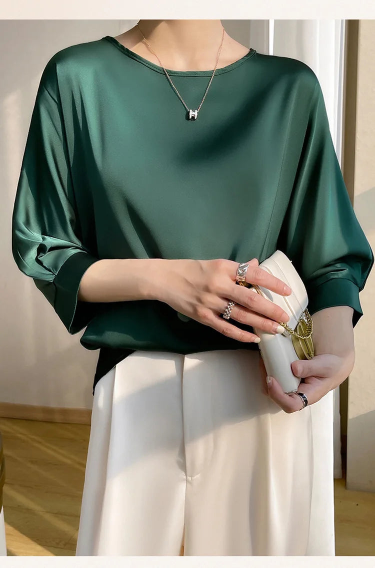 Nouveauté 2026 – T-shirt basique en satin de soie à manches courtes pour femme, col rond, coupe décontractée et légère, chemisier ample pour femme