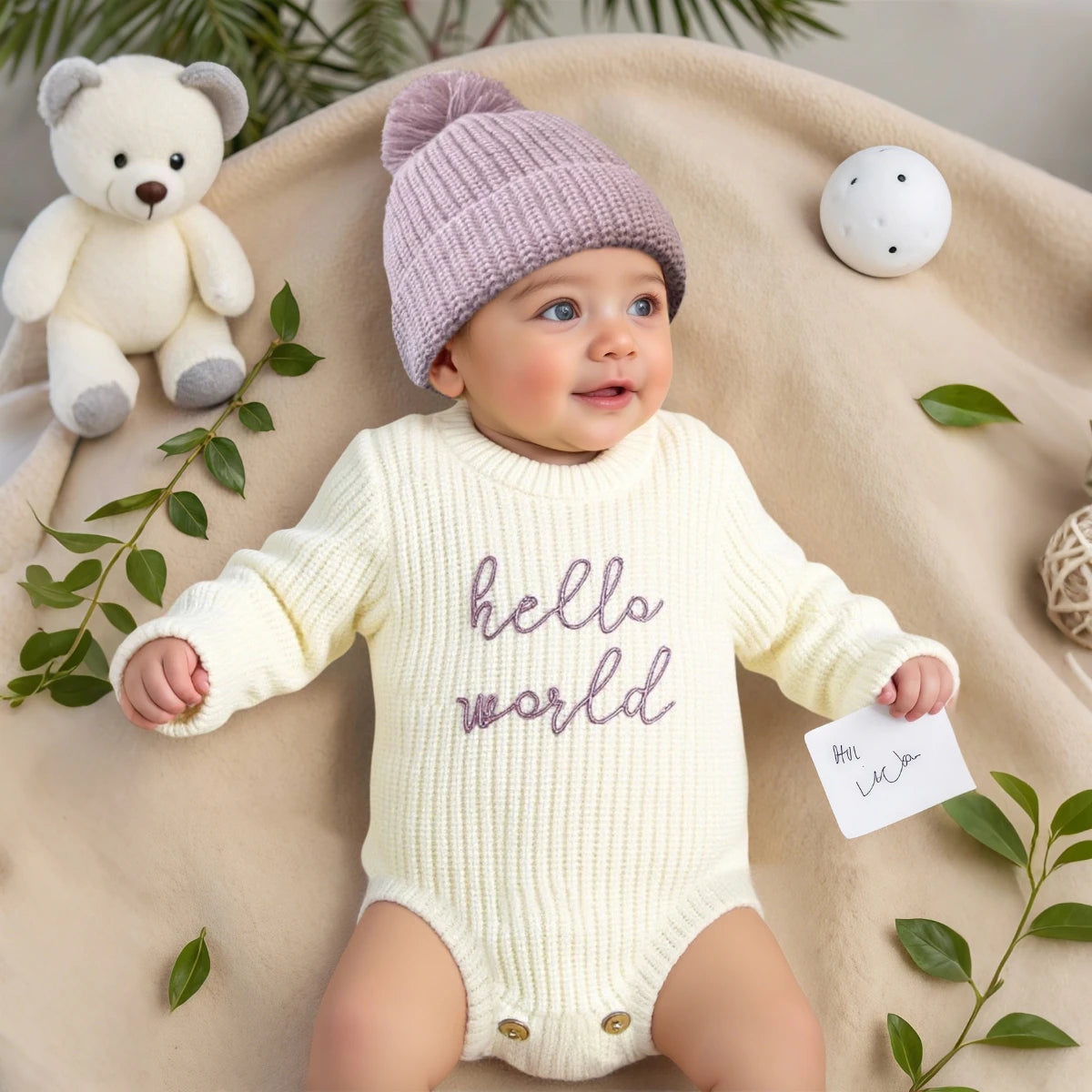 Ylsteed Hello World – pelele de punto para recién nacido, con gorro de pompón a juego, jersey para bebé niño y niña, conjuntos para sesión de fotos