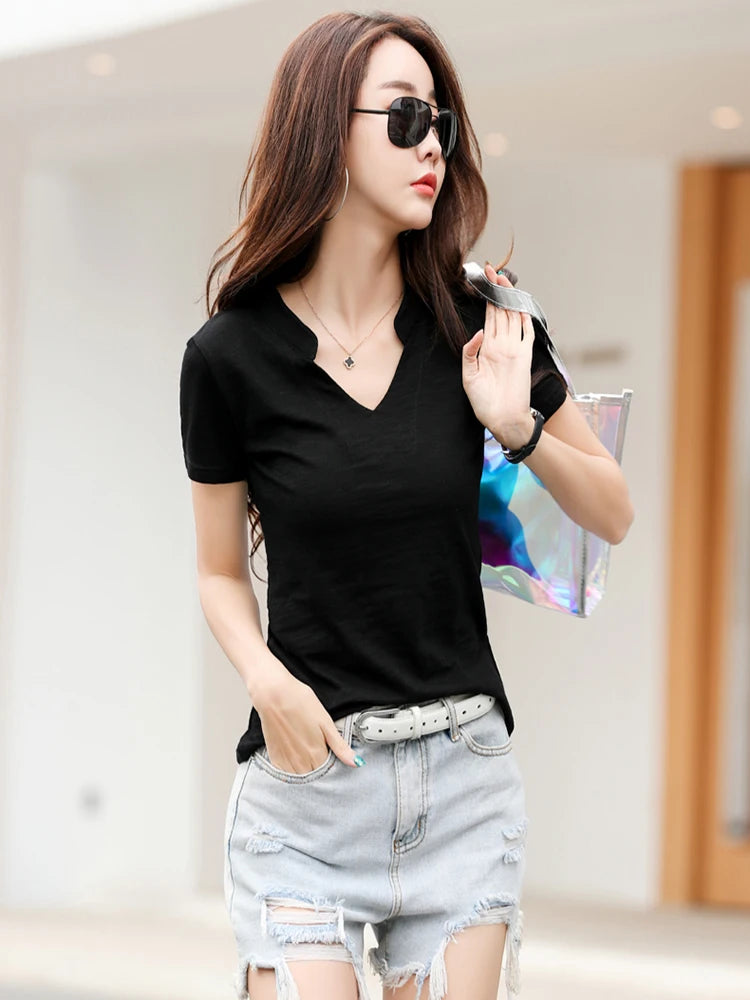T-shirt en coton et bambou pour femme, col en V, doux, basique, classique, mode, tailles S-3XL, collection été 2026