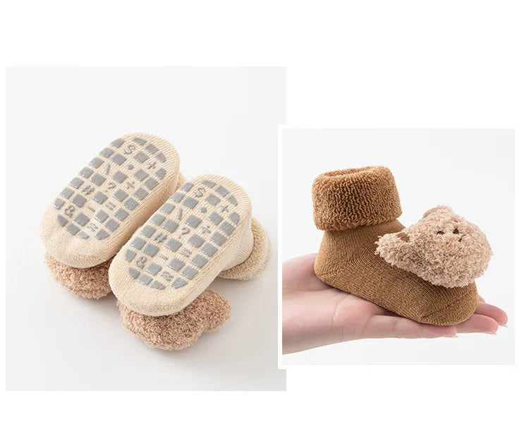 Chaussettes coordonnantes en coton doux pour bébé, chaussettes épaisses pour enfants, nouveau-né, tout-petit, mignon, ours de dessin animé, solide, garçons, filles, hiver, nouveau