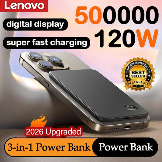 Batería externa magnética inalámbrica ultrafina Lenovo de 500000mAh, portátil, certificación CCC, carga superrápida, pantalla LED, compatible con MagSafe