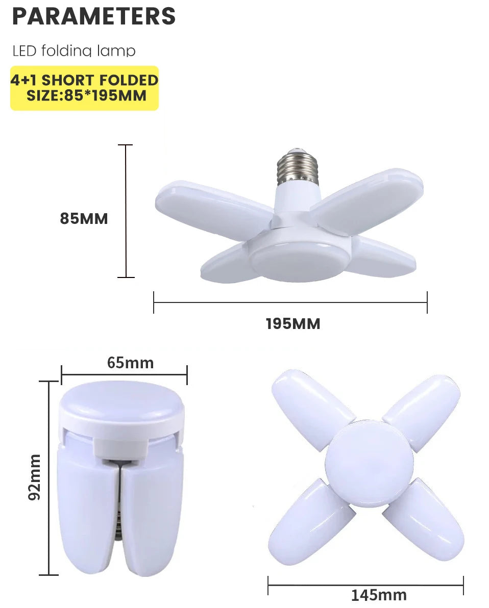 Ampoule LED pliable en forme d'éventail E27, déformation AC220V/110V pour plafonniers domestiques, entrepôt et Garage, feuille blanche 6500K