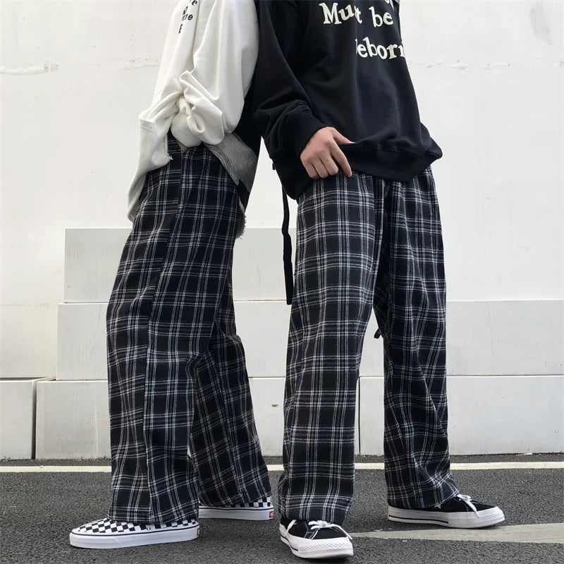 Women's Oversized Trousers Fashion Summer Black Plaid Sweatpants Casual Elastic Waist Pockets Casual Student Unisex Trousers