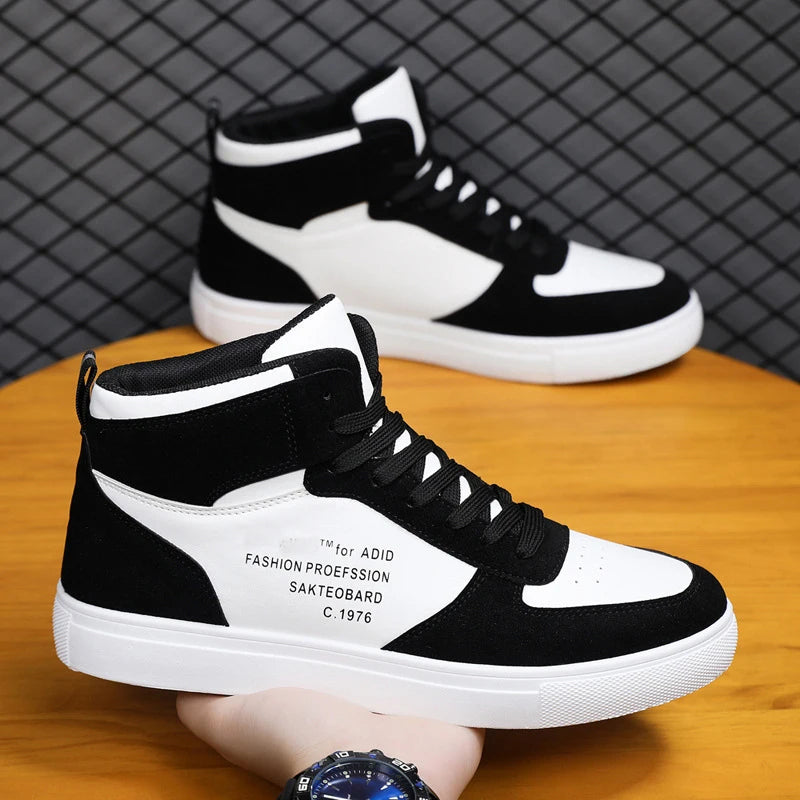 Men's Leather Skateboard Shoes, High-Top Sneakers, Casual Sports Shoes, Street Shoes, Flat Walking Shoes