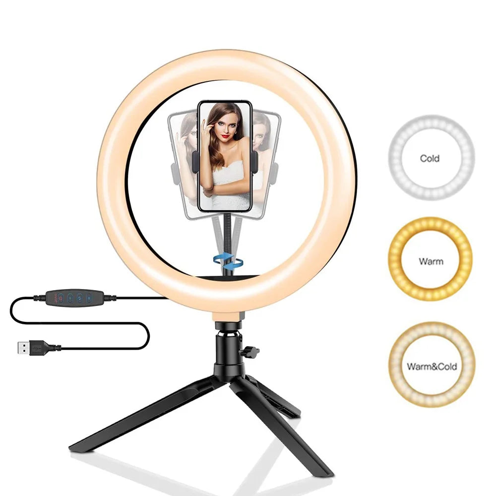 Anneau Lumineux LED Selfie 26cm 120 Perles avec Trépied — Kit Éclairage USB Vidéo