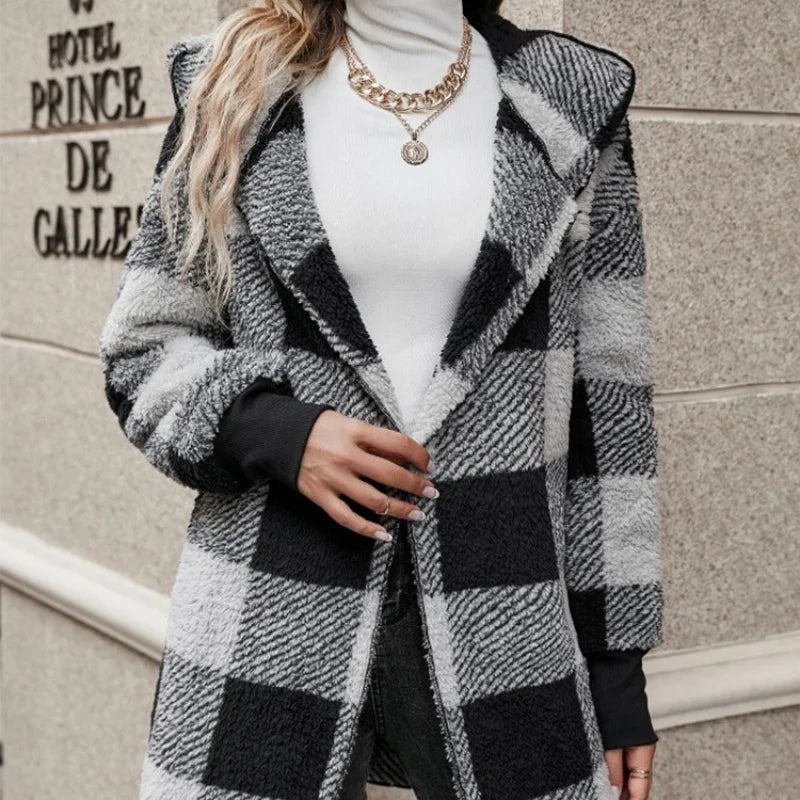 Cardigan Double polaire à carreaux pour femme, doux, ample, manches longues, peluche, chaud, veste à capuche, Patchwork, manteau d'extérieur, automne hiver